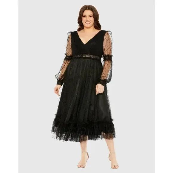 MAC‎ DUGGAL 68567 20W SHEER SLEEVE SWISS DOT BLACK MIDI DRESS BLACK - Picture 1 of 5
